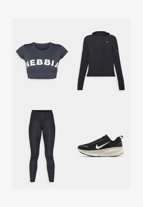 Juodas gobtuvas striukė su ilgomis rankovėmis, pagaminta iš lengvo audinio. Pasižymi priekiniais užtrauktukais, Nike logotipu ir subtiliais dizaino akcentais.; Tamsiai pilkos spalvos trumpa maikutė su trumpomis rankovėmis. Priekyje puikuojasi dideli baltos spalvos užrašai "NEBBIA". Lygus audinys, apvalus iškirptės forma.; Juodos leggingos, pagamintos iš lygios, tamprios medžiagos. Aukštas liemuo, be matomų raštų ar akcentų. Tvirtai priglunda prie kūno nuo liemens iki kulkšnies.; Juodas Nike sportinis batelis su kvėpuojančiu tinklu, baltu swoosh logotipu, tekstūruoto dizaino detalėmis ir grietinėlės spalvos ZoomX viduriu.