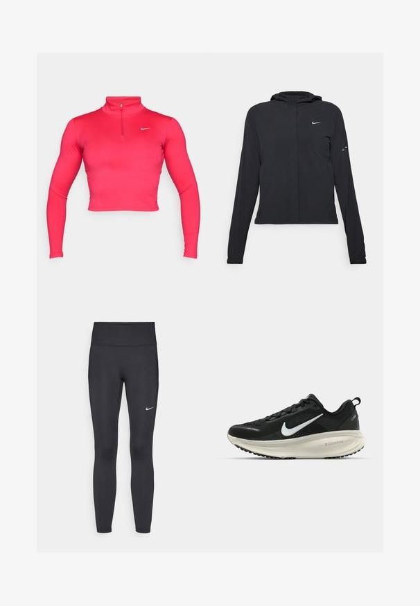 Čierna kapucňová bunda s dlhou rukávou, vyrobená z ľahkého materiálu. Má predný zips, logo Nike a jemné dizajnové akcenty.; Ružový skrátený dlhý rukáv športový top s vysokým golierom a štvrtinovým zipsom. Vyrobený z hladkej, elastickej tkaniny s malým bielym logom.; Čierne legíny z elastického materiálu, s vysokým pásom a bielym logom Nike na ľavom stehne. Hladká textúra, priliehavý dizajn.; Čierne bežecké topánky Nike s priedušnou sieťovinou, bielym logom s symbolom swoosh, textúrovanými detailmi a krémovou ZoomX medzipodrážkou.