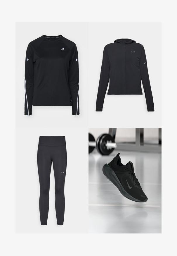 Zwarte kaptrui met lange mouwen, gemaakt van lichtgewicht materiaal. Voorzien van een ritssluiting aan de voorkant, een Nike-logo en subtiele ontwerpelementen.; Zwarte sportshirt met lange mouwen en raglanmouwen, witte reflecterende strepen langs de zijkanten en een ronde hals. Bevat een klein logo op de borst.; Zwarte legging van rekbare stof met een hoge tailleband en een wit Nike-logo op de linkerdij. Gladde textuur, aansluitend ontwerp.; Zwarte sportsneaker met Nike-logo, weergegeven in de lucht boven de gymvloer, met een vervaagde halterrek op de achtergrond.