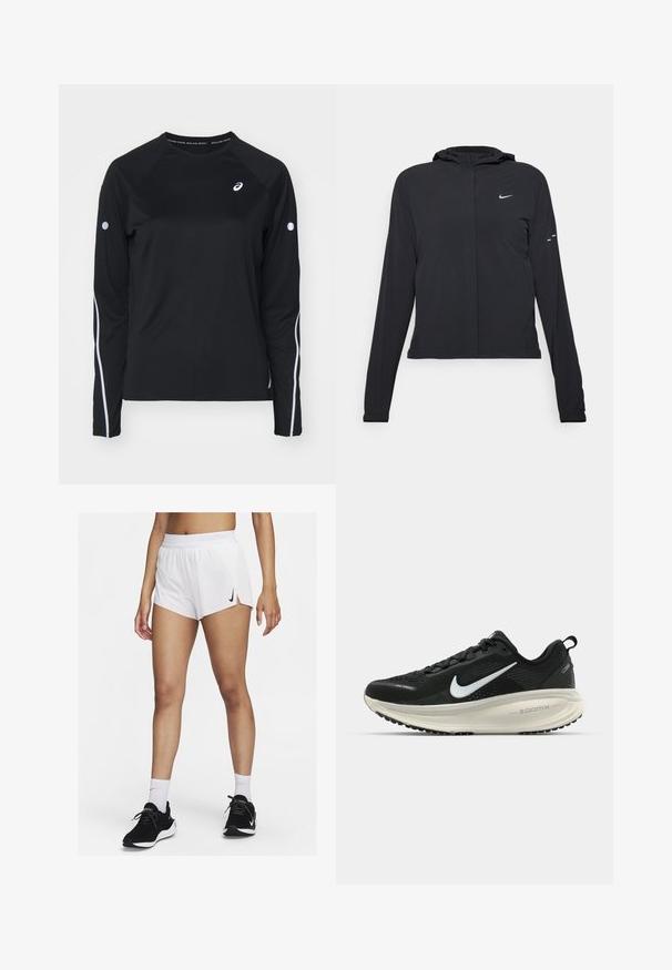 Jachetă neagră cu glugă, cu mâneci lungi, fabricată din material ușor. Dispune de un fermoar frontal, un logo Nike și accente de design subtile.; Cămiză sport neagră cu mâneci lungi și raglan, cu dungi reflectorizante albe pe laterale și guler rotund. Prezentă un mic logo pe piept.; Pantaloni scurți albi pentru atletism cu talie cu dungi, fante laterale și un logo Nike negru. Purtați cu adidași negri și șosete albe până la glezne.; Pantofii de alergare negri de la Nike, cu parte superioară din plasă respirabilă, logo-ul alb Swoosh, detalii texturate și o talpă intermediară ZoomX de culoare crem.