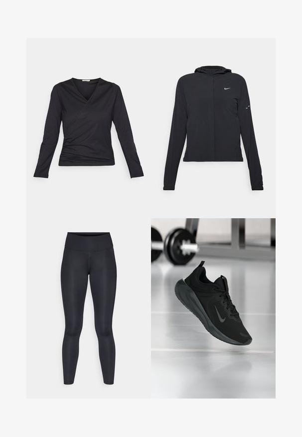 Melnā kapuci jaka ar garām piedurknēm, izgatavota no viegla materiāla. Tam ir priekšējais rāvējslēdzis, Nike logo un smalki dizaina akcenti.; Melnas garām piedurknēm augšdaļa, kas izgatavota no mīksta materiāla, ar apkakli, V veida dekoltē un sānā izsēdumu detaļu. Gluda tekstūra.; Melnas legingi, izgatavoti no gludas, elastīgas auduma. Augsts jostasvieta bez redzamām rakstiem vai akcentiem. Cieši pieguļ no jostas līdz potītēm.; Melnas sporta kedas ar Nike logo, rādot gaisā uz sporta zāles grīdas, ar izplūdušu hantelēm fona.