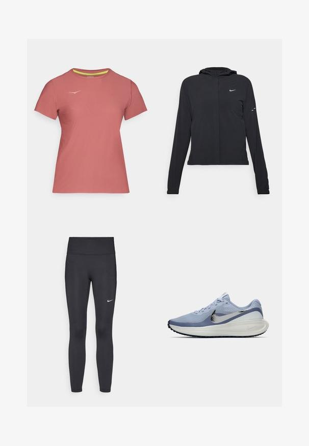 Svart hettegenser med lange ermer, laget av lett materiale. Har glidelås foran, Nike-logo og subtile design detaljer.; Kortermet t-skjorte i myk, lett stoff. Har en rosa farge, rund hals og en subtil logo på brystet med kontrast i halslinningen.; Sorte leggings laget av elastisk stoff, med høy livlinje og en hvit Nike-logo på venstre lår. Glatt tekstur, kroppsnær passform.; Lys blå og hvit Nike løpesko med sølvfarget swoosh, pustende mesh-overdel, polstret såle og svart yttersåle med mønster.