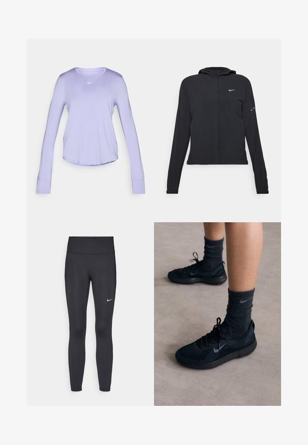 Schwarze Kapuzenjacke mit langen Ärmeln, aus leichtem Material gefertigt. Sie hat einen vorderen Reißverschluss, ein Nike-Logo und dezente Designelemente.; Langärmliges, lavendelfarbenes Sportoberteil aus weichem, leichtem Stoff. Mit rundem Ausschnitt und kleinem weißen Logo auf der Brust.; Schwarze Leggings aus elastischem Stoff, mit einem hohen Bund und einem weißen Nike-Logo auf dem linken Oberschenkel. Glatte Textur, figurbetontes Design.; Schwarze Nike-Sneaker mit einem strukturierten Strickobermaterial, ausgestattet mit einem grauen Swoosh-Logo, kombiniert mit dunklen gerippten Socken. Flache Gummisohle.