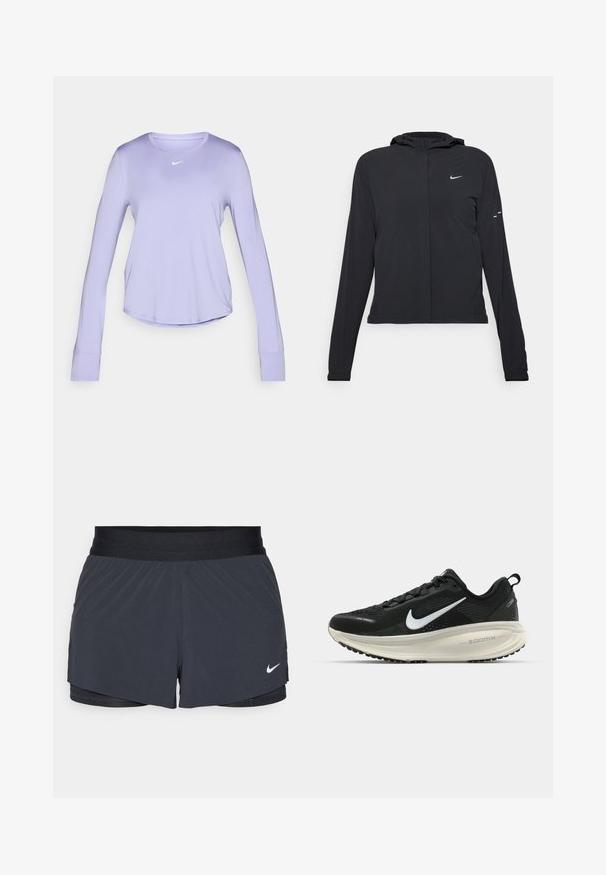 Must musta kapuutsiga jakk, millel on pikad varrukad ja mis on valmistatud kergetest materjalidest. Omab esitaskut, Nike logo ja kergelt silmatorkavaid disainiaktsente.; Pikend varrukatega lavendlivärvi spordipaita, mis on valmistatud pehmest ja kergest kangast. Ümara kaelusega ning rinnal on väike valge logo.; Mustad must sportlikud lühikesed püksid, millel on elastne vöökoht, kihiline disain ja väike valge Nike logo vasakul all. Kerge materjal.; Musthave mustus Nike jooksujalats, millel on hingav võrgust ülemine osa, valge swoosh logo, tekstuuriga detailid ja kreemja värvusega ZoomX vahevöö.