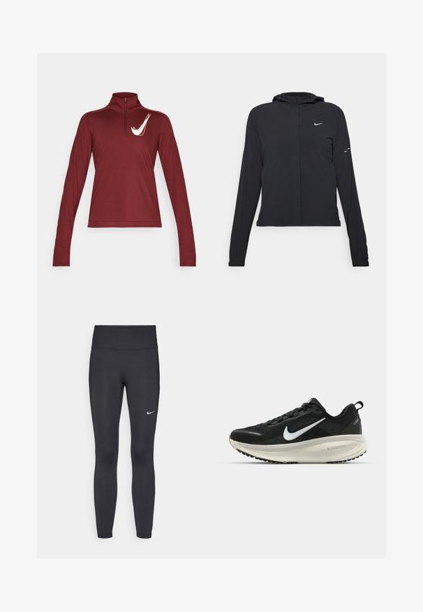 Sort hættetrøje med lange ærmer, lavet af letvægtsmateriale. Har en frontlynlås, et Nike-logo og subtile designaccenter.; Bordeaux langærmet top med høj krave og halv lynlås, med et hvidt Nike-logo på venstre bryst, glat tekstur og en tætsiddende design.; Sorte leggings lavet af strækbart stof, med en høj talje og et hvidt Nike-logo på venstre lår. Glat tekstur, tætsiddende design.; Sort Nike løbesko med åndbart mesh-overdel, hvidt swoosh-logo, tekstureret detaljering og en cremede ZoomX mellemsål.