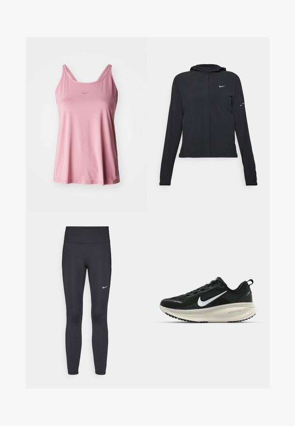 Čierna kapucňová bunda s dlhou rukávou, vyrobená z ľahkého materiálu. Má predný zips, logo Nike a jemné dizajnové akcenty.; Ružový bezrukávový top vyrobený z hladkej látky, s dvojitým ramienkom a minimálnym logom na prednej strane.; Čierne legíny z elastického materiálu, s vysokým pásom a bielym logom Nike na ľavom stehne. Hladká textúra, priliehavý dizajn.; Čierne bežecké topánky Nike s priedušnou sieťovinou, bielym logom s symbolom swoosh, textúrovanými detailmi a krémovou ZoomX medzipodrážkou.