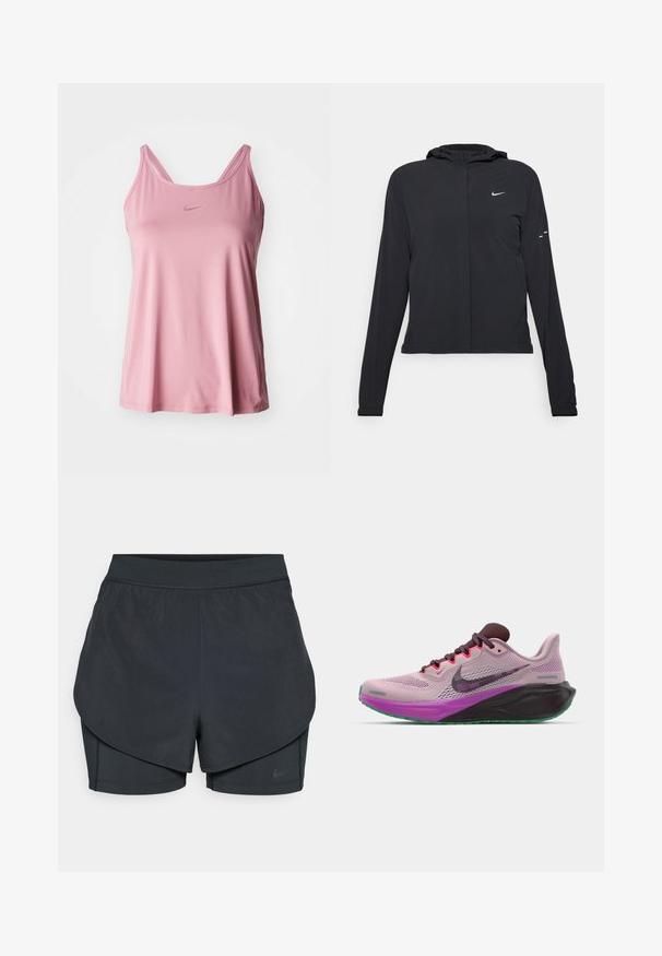 Black hooded jacket with long sleeves, made from lightweight material. Features a front zipper, a Nike logo, and subtle design accents.; Pink sleeveless tank top made of smooth fabric, featuring a double strap design and minimal logo detail on the front.; Black athletic shorts with a layered design, featuring a smooth outer layer and fitted inner shorts. Made of lightweight, stretch fabric.; Nike running shoes in pink mesh with purple accents, featuring a black sole and green outsole. Lace-up with a padded collar.