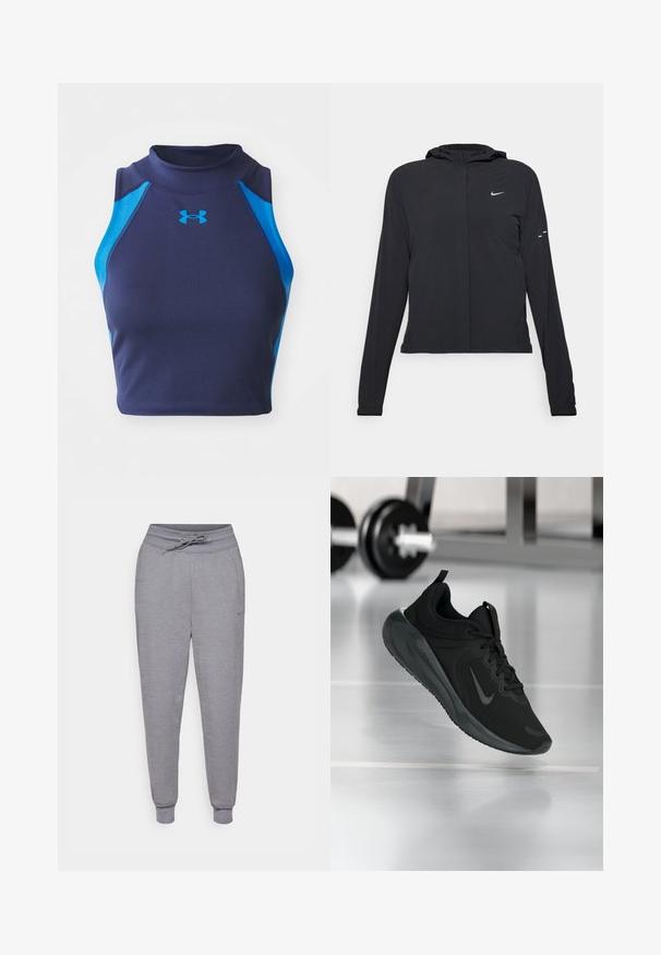 Black hooded jacket with long sleeves, made from lightweight material. Features a front zipper, a Nike logo, and subtle design accents.; Navy sleeveless crop top in ribbed fabric with blue accents. Features a high neckline and Under Armour logo on the front.; Gray tapered sweatpants with a drawstring waist, elastic cuffs, and a subtle Nike logo on the left thigh. Soft, textured fabric.; Black sports sneaker with Nike logo, shown mid-air on gym floor, with blurred dumbbell rack in background.