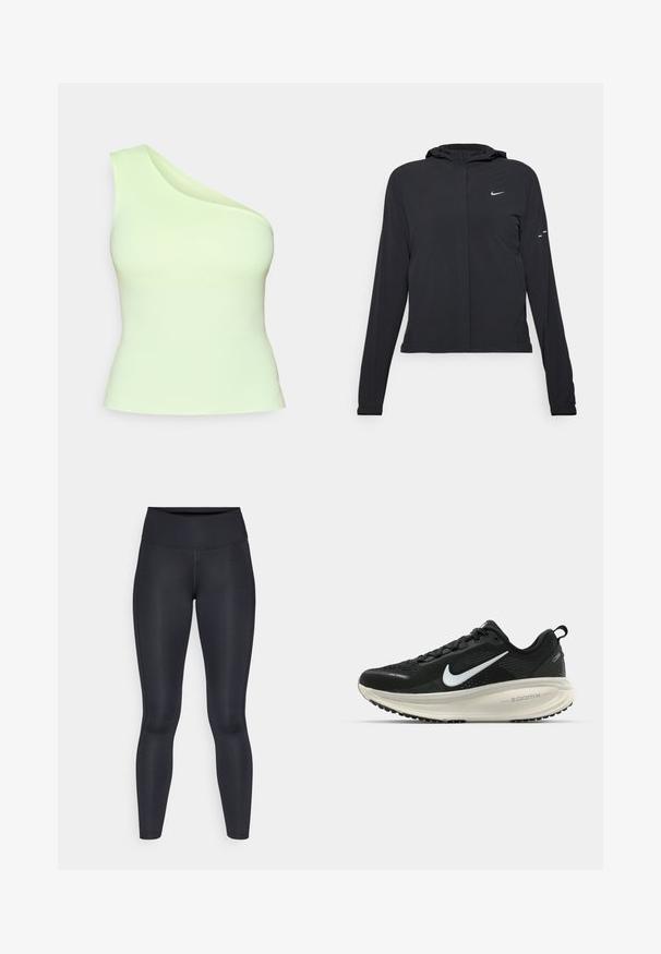 Black hooded jacket with long sleeves, made from lightweight material. Features a front zipper, a Nike logo, and subtle design accents.; Asymmetrical one-shoulder top in light green fabric, fitted design with smooth texture, no embellishments or patterns.; Black leggings made of smooth, stretchy fabric. High waist with no visible patterns or accents. Fit closely from waist to ankles.; Black Nike running shoe with breathable mesh upper, white swoosh logo, textured detailing, and a cream-colored ZoomX midsole.