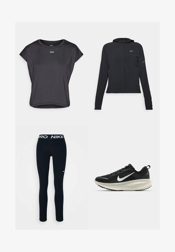 Casaco preto com capuz e mangas longas, feito de material leve. Apresenta um fecho dourado na frente, um logótipo da Nike e detalhes de design subtis.; Top preto de mangas curtas, feito de um tecido suave, com um decote redondo e a palavra "STRONGER" impressa em branco no peito.; Leggings pretos da Nike com uma cintura Pro, apresentando um logótipo branco na coxa esquerda. Feitos de tecido elástico, desenhados para conforto e movimento.; Sapatilha de corrida Nike preta com parte superior de malha respirável, logotipo Swoosh branco, detalhes texturizados e uma entressola ZoomX na cor creme.