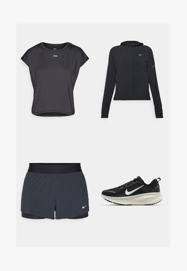 Sort hættetrøje med lange ærmer, lavet af letvægtsmateriale. Har en frontlynlås, et Nike-logo og subtile designaccenter.; Sort kortærmet top lavet af glat stof, med en rund halsudskæring og ordet "STRONGER" trykt i hvidt på brystet.; Sort træningsshorts med elastisk talje, der har et lagdelt design og et lille hvidt Nike-logo nederst til venstre. Letvægtsmateriale.; Sort Nike løbesko med åndbart mesh-overdel, hvidt swoosh-logo, tekstureret detaljering og en cremede ZoomX mellemsål.