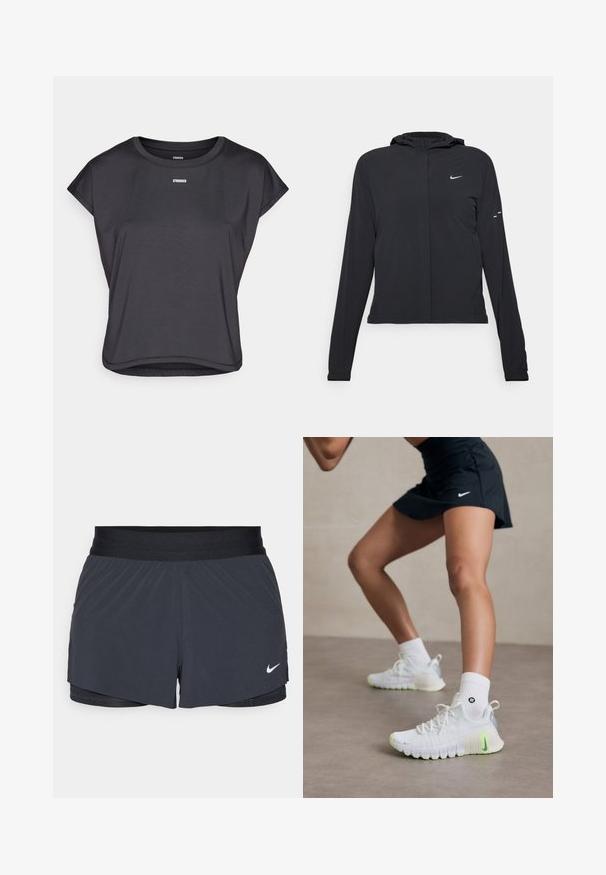 Čierna kapucňová bunda s dlhou rukávou, vyrobená z ľahkého materiálu. Má predný zips, logo Nike a jemné dizajnové akcenty.; Čierny top s krátkym rukávom vyrobený z hladkej tkaniny, s okrúhlym výstrihom a slovom "STRONGER" potlačeným bielou farbou na hrudi.; Čierne športové šortky s elastickým pásom, ktoré majú vrstvený dizajn a malú bielu aplikáciu loga Nike v dolnom ľavom rohu. Ľahký materiál.; Biele atletické topánky s textúrovaným povrchom, neonovo zelené akcenty a výrazné logo Nike. Nosené s bielymi členkovými ponožkami.
