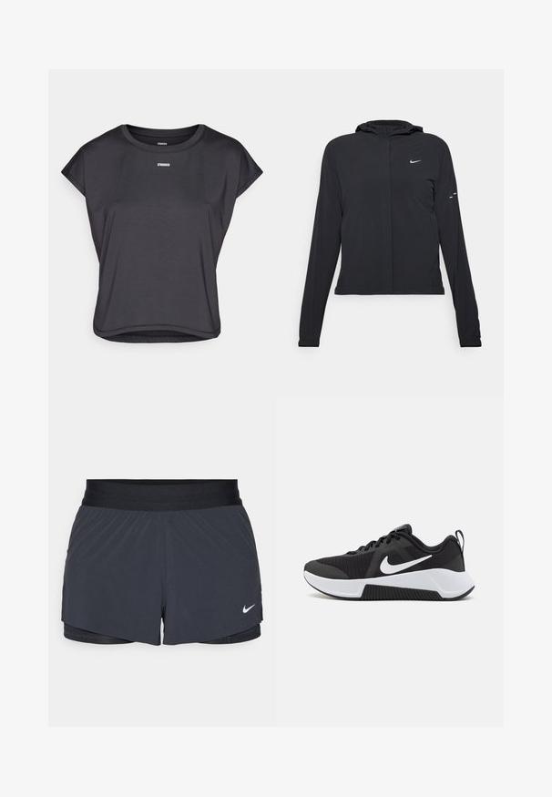 Czarna kurtka z kapturem, z długimi rękawami, wykonana z lekkiego materiału. Posiada zamek błyskawiczny z przodu, logo Nike oraz subtelne akcenty wzornicze.; Czarny krótki top z krótkim rękawem z gładkiego materiału, z okrągłym dekoltem i napisem "STRONGER" wydrukowanym na białym tle na klatce piersiowej.; Czarne szorty sportowe z elastycznym pasem, o warstwowej konstrukcji i małym białym logo Nike na dolnym lewym boku. Wykonane z lekkiego materiału.; Czarne sportowe buty z siateczkową cholewką, białymi akcentami, amortyzowaną podeszwą oraz teksturowanym bieżnikiem dla lepszej przyczepności. Sznurowadła oraz pętelka na pięcie w zestawie.