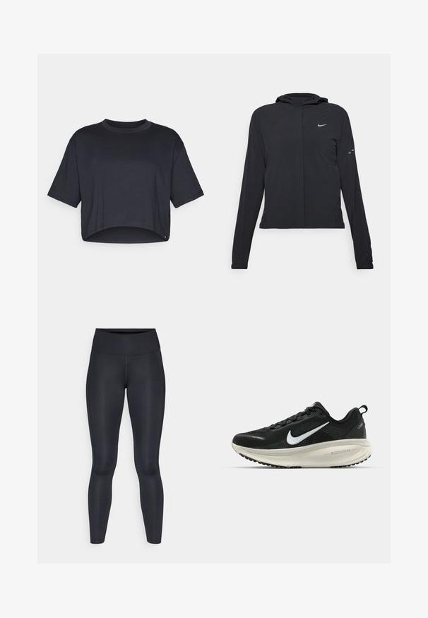 Zwarte kaptrui met lange mouwen, gemaakt van lichtgewicht materiaal. Voorzien van een ritssluiting aan de voorkant, een Nike-logo en subtiele ontwerpelementen.; Gesneden zwart T-shirt van zachte katoen, met een ronde halslijn en korte mouwen met een nette zoom en zonder zichtbare patronen of accenten.; Zwarte leggings van glad, rekbaar stof. Hoge taille zonder zichtbare patronen of accenten. Sluiten nauw aan van taille tot enkels.; Zwarte Nike hardloopschoen met ademend mesh bovenwerk, witte swoosh-logo, gestructureerde details en een crèmekleurige ZoomX middenzool.