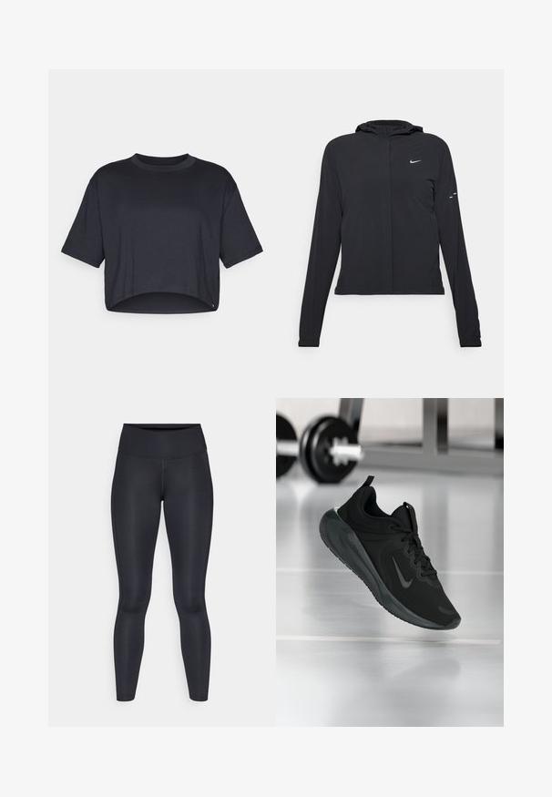 Črna kapuča s dolgimi rokavi, izdelana iz lahkega materiala. Ima sprednji zadrgo, logotip Nike in subtilne oblikovne detajle.; Skrajšana črna majica iz mehkega bombaža, z okroglim izrezom in kratkimi rokavi, s čistim robom in brez vidnih vzorcev ali okraskov.; Črne legice narejene iz gladkega, elastičnega materiala. Visok pas brez vidnih vzorcev ali dodatkov. Tesno se prilegajo od pasu do gležnjev.; Črne športne teniske z logotipom Nike, prikazane v zraku na telovadni talni površini, v ozadju pa zamegljena vrsta uteži.