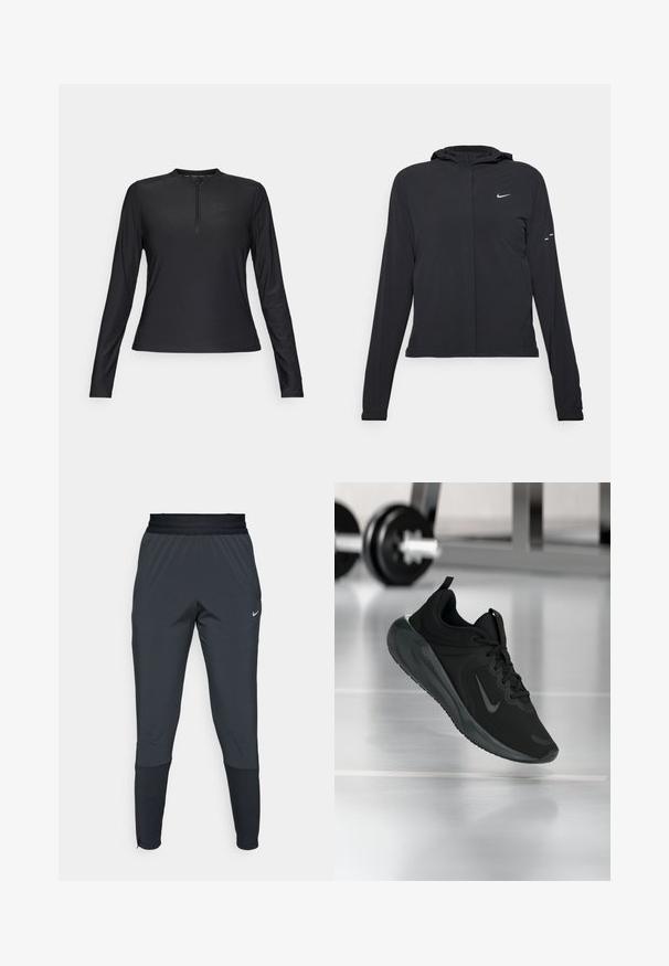 Svart huva jacka med långa ärmar, gjord av lätt material. Har en framdragare, en Nike-logotyp och subtila designelement.; Svart långärmad tröja i mjukt, lätt material. Har en blixtlås vid halslinningen och en subtil logo på bröstet.; Nike träningbyxor i mörkgrått, med en tapered ben-design, elastisk midja och accentdetaljer nära muddarna.; Svarta sportskor med Nike-logotyp, visade mitt i luften på gymgolvet, med en suddig hantelställning i bakgrunden.