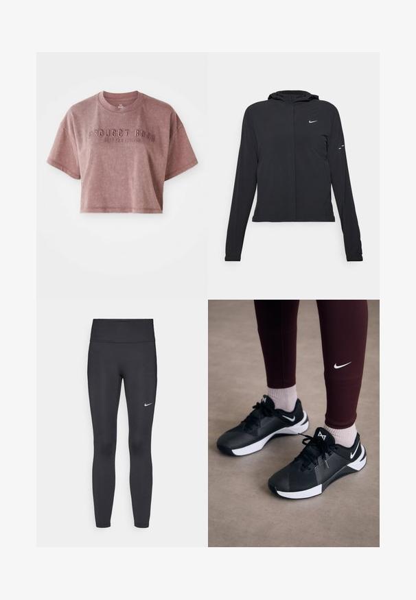Czarna kurtka z kapturem, z długimi rękawami, wykonana z lekkiego materiału. Posiada zamek błyskawiczny z przodu, logo Nike oraz subtelne akcenty wzornicze.; Skórzana koszulka z krótkim rękawem w kolorze przykurzonego różu, wykonana z miękkiego materiału. Posiada wytłoczone napisy "PROJECT ROCK" oraz "STOP FOR NOTHING" z przodu.; Czarne legginsy z elastycznego materiału, z wysokim pasem i białym logo Nike na lewym udzie. Gładka tekstura, dopasowany krój.; Czarne buty sportowe z fakturowaną cholewką i białymi akcentami, ze sznurówkami i logo z boku. Ubrane z bordowymi legginsami i jasnymi skarpetkami.