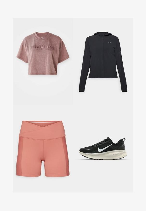 Čierna kapucňová bunda s dlhou rukávou, vyrobená z ľahkého materiálu. Má predný zips, logo Nike a jemné dizajnové akcenty.; Kratký rukáv, zrezaný tričko v prachovo ružovej farbe, vyrobené z mäkkého materiálu. Na prednej strane je embosovaný text "PROJECT ROCK" a "STOP FOR NOTHING".; Ružové športové šortky s prekríženým pásom, hladkou textúrou a plochými švami. Majú priliehavý strih pre pohodlie a pohyblivosť.; Čierne bežecké topánky Nike s priedušnou sieťovinou, bielym logom s symbolom swoosh, textúrovanými detailmi a krémovou ZoomX medzipodrážkou.