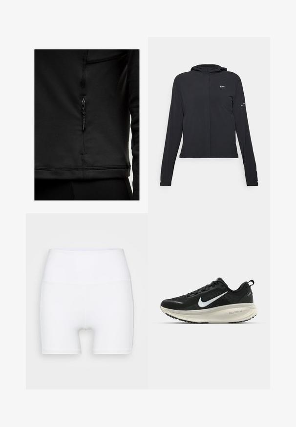 Zwarte kaptrui met lange mouwen, gemaakt van lichtgewicht materiaal. Voorzien van een ritssluiting aan de voorkant, een Nike-logo en subtiele ontwerpelementen.; Zwarte sportieve zip-up top met een gladde textuur, voorzien van een korte rits en versterkte stiksels langs de naden.; Witte hoge taille shorts van rekbare stof. Kenmerken een gladde textuur en een aansluitend ontwerp, zonder extra patronen of hardware.; Zwarte Nike hardloopschoen met ademend mesh bovenwerk, witte swoosh-logo, gestructureerde details en een crèmekleurige ZoomX middenzool.