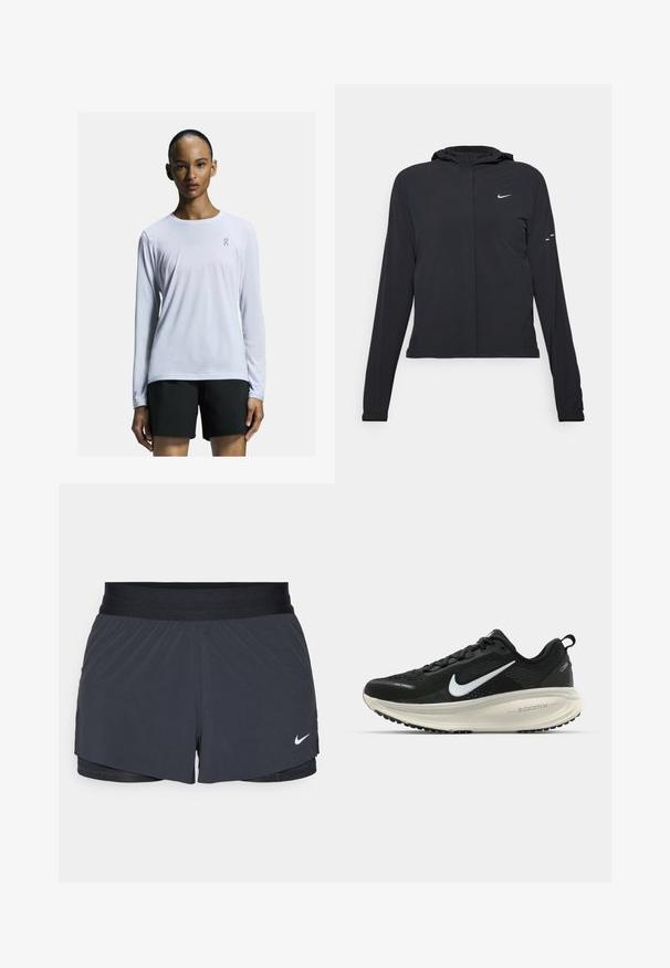 Veste à capuche noire avec des manches longues, fabriquée en matériau léger. Elle comporte une fermeture éclair à l'avant, un logo Nike et des accents de design subtils.; Chemise de performance blanche à manches longues, fabriquée dans un tissu léger et respirant. Elle présente un col rond et un logo discret sur la poitrine.; Shorts de sport noirs avec une taille élastique, dotés d'un design superposé et d'un petit logo Nike blanc en bas à gauche. Matière légère.; Baskets de course noir Nike avec tige respirante en mesh, logo swoosh blanc, détails texturés et semelle intermédiaire ZoomX de couleur crème.