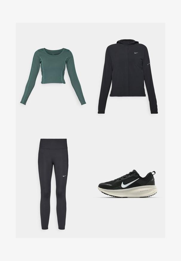 Casaco preto com capuz e mangas longas, feito de material leve. Apresenta um fecho dourado na frente, um logótipo da Nike e detalhes de design subtis.; Top cropped de manga longa em tecido verde-azulado escuro com costura contrastante em azul claro. Apresenta um decote redondo e um design ajustado.; Leggings pretos feitos de tecido elástico, com uma cintura alta e um logo branco da Nike na coxa esquerda. Textura suave, design ajustado ao corpo.; Sapatilha de corrida Nike preta com parte superior de malha respirável, logotipo Swoosh branco, detalhes texturizados e uma entressola ZoomX na cor creme.