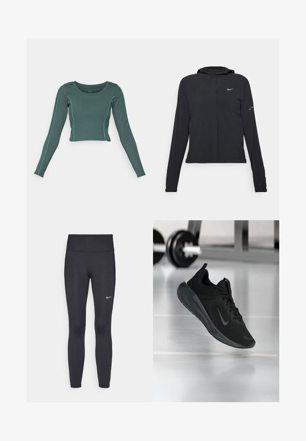 Čierna kapucňová bunda s dlhou rukávou, vyrobená z ľahkého materiálu. Má predný zips, logo Nike a jemné dizajnové akcenty.; Dlhý rukáv crop top v tmavom tyrkysovom materiáli s kontrastným svetlomodrým prešívaním. Má okrúhly výstrih a priliehavý strih.; Čierne legíny z elastického materiálu, s vysokým pásom a bielym logom Nike na ľavom stehne. Hladká textúra, priliehavý dizajn.; Čierne športové tenisky s logom Nike, zobrazené vo vzduchu na podlahe telocvične, s rozmazaným regálom činkami v pozadí.