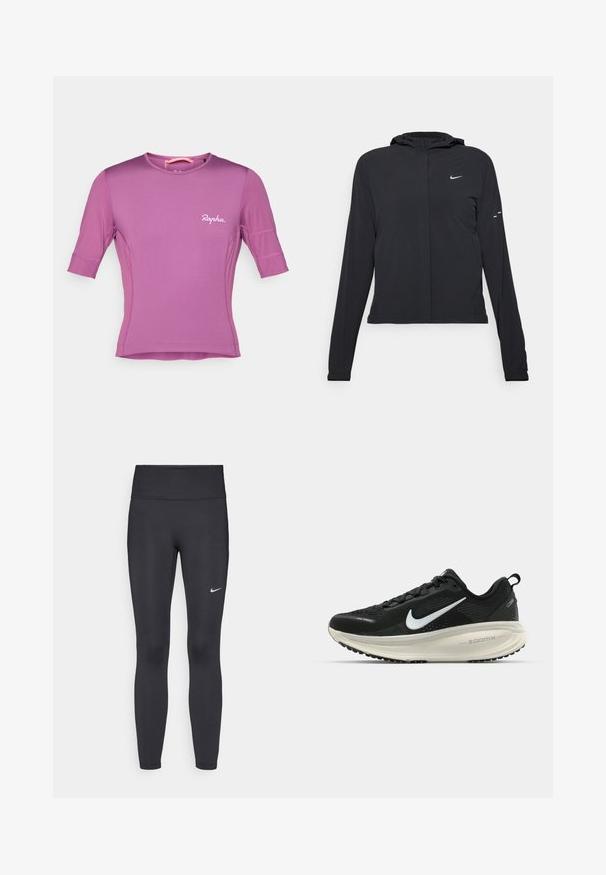 Juodas gobtuvas striukė su ilgomis rankovėmis, pagaminta iš lengvo audinio. Pasižymi priekiniais užtrauktukais, Nike logotipu ir subtiliais dizaino akcentais.; Violet trumpas rankovėmis dviratininkų marškinėliai, pagaminti iš tamprios medžiagos, su apvaliu kaklu ir "Rapha" logotipu ant krūtinės. Siuvimo detalės ant rankovių.; Juodi leggingai iš elastingos medžiagos, turintys aukštą juosmenį ir baltą Nike logotipą kairėje šlaunyje. Lygus paviršius, prigludusi dizainas.; Juodas Nike sportinis batelis su kvėpuojančiu tinklu, baltu swoosh logotipu, tekstūruoto dizaino detalėmis ir grietinėlės spalvos ZoomX viduriu.