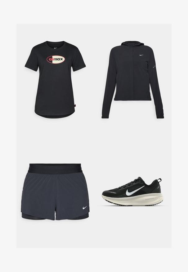 Giacca nera con cappuccio e maniche lunghe, realizzata in materiale leggero. Presenta una zip frontale, il logo Nike e accenti di design sottili.; T-shirt in cotone nero con colletto rotondo, maniche corte e un logo "airmax" centrale in rosso e crema sul davanti.; Pantaloni sportivi neri con vita elastica, caratterizzati da un design a strati e un piccolo logo Nike bianco in basso a sinistra. Materiale leggero.; Scarpa da corsa nera Nike con tomaia in rete traspirante, logo Swoosh bianco, dettagli testurizzati e intersuola ZoomX di colore crema.