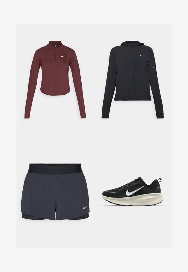 Must musta kapuutsiga jakk, millel on pikad varrukad ja mis on valmistatud kergetest materjalidest. Omab esitaskut, Nike logo ja kergelt silmatorkavaid disainiaktsente.; Pikad varrukad, tumesinise värviga sporditopp, millel on poolik tõmblukk kaeluses, rinnal Nike logo ja külgedelt kitsenev disain.; Mustad must sportlikud lühikesed püksid, millel on elastne vöökoht, kihiline disain ja väike valge Nike logo vasakul all. Kerge materjal.; Musthave mustus Nike jooksujalats, millel on hingav võrgust ülemine osa, valge swoosh logo, tekstuuriga detailid ja kreemja värvusega ZoomX vahevöö.