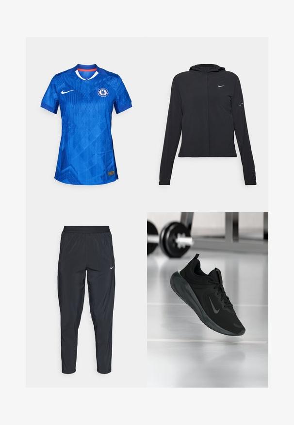 Svart hettegenser med lange ermer, laget av lett materiale. Har glidelås foran, Nike-logo og subtile design detaljer.; Chelsea Football Club-drakt i livlig blå, med et subtilt geometrisk mønster, hvit krage og Nike-logo på fronten.; Sorte idrettsbukser med elastisk midjebånd, smale ben og en liten hvit logo på venstre lår. Lett og glatt stoff.; Sorte treningssneakers med Nike-logo, vist midt i luften på gymgulvet, med uskarp manualstativ i bakgrunnen.