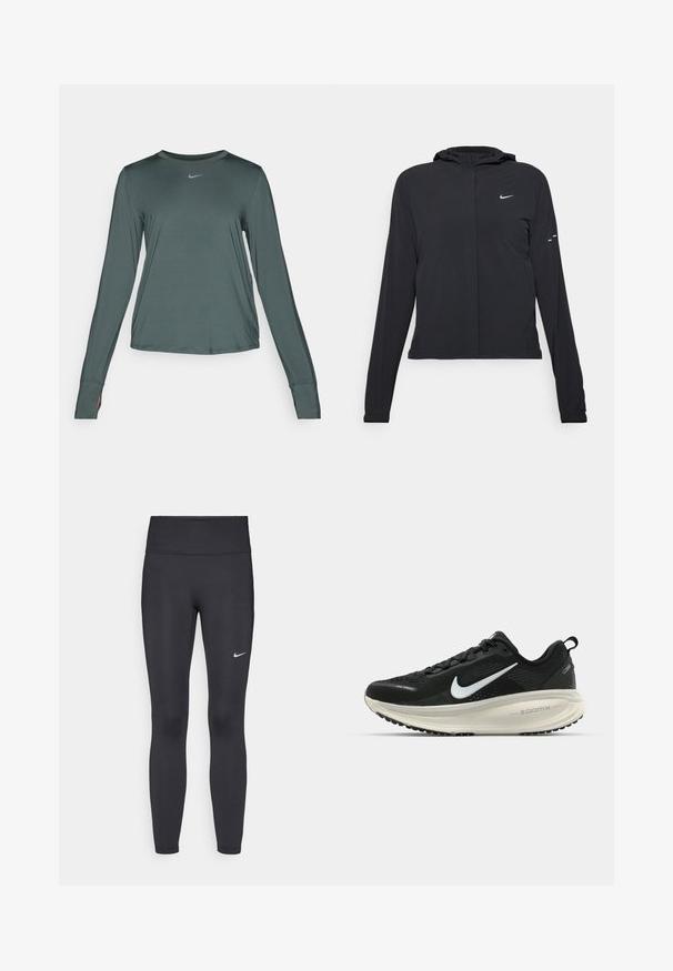 Giacca nera con cappuccio e maniche lunghe, realizzata in materiale leggero. Presenta una zip frontale, il logo Nike e accenti di design sottili.; Maglia sportiva a maniche lunghe di colore verde scuro, con scollatura a girocollo, tessuto morbido e un piccolo logo a contrasto sul petto.; Leggings neri realizzati in tessuto elasticizzato, con una vita alta e un logo Nike bianco sulla coscia sinistra. Tessuto liscio, design aderente.; Scarpa da corsa nera Nike con tomaia in rete traspirante, logo Swoosh bianco, dettagli testurizzati e intersuola ZoomX di colore crema.