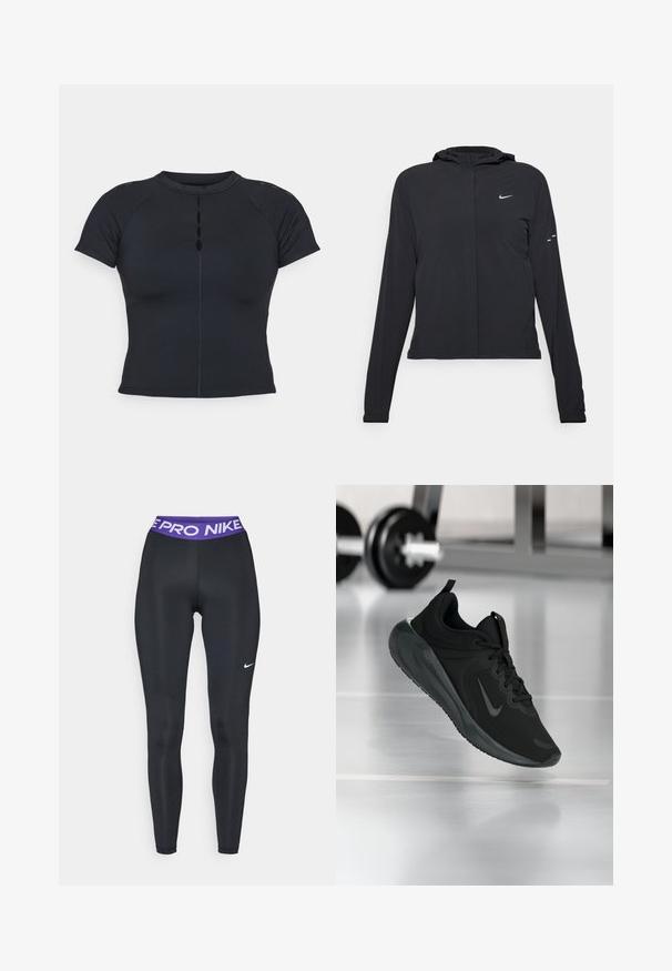 Fekete kapucnis dzseki hosszú ujjakkal, könnyű anyagból készült. Elülső cipzárral, Nike logóval és diszkrét dizájn elemekkel rendelkezik.; Fekete, rövid ujjú felső magas nyakkal, elülső gombos részlettel, rugalmas anyagból készült, raglán ujjakkal és lapos varrásokkal.; Fekete sport leggings sima textúrával, lila derékrésszel, amelyen a "NIKE PRO" felirat található, és az egyik oldalon egy kis fehér Nike logó.; Fekete sportcipő Nike logóval, amely a levegőben látható az edzőterem padlóján, a háttérben elmosódott kézi súlyzó állvánnyal.