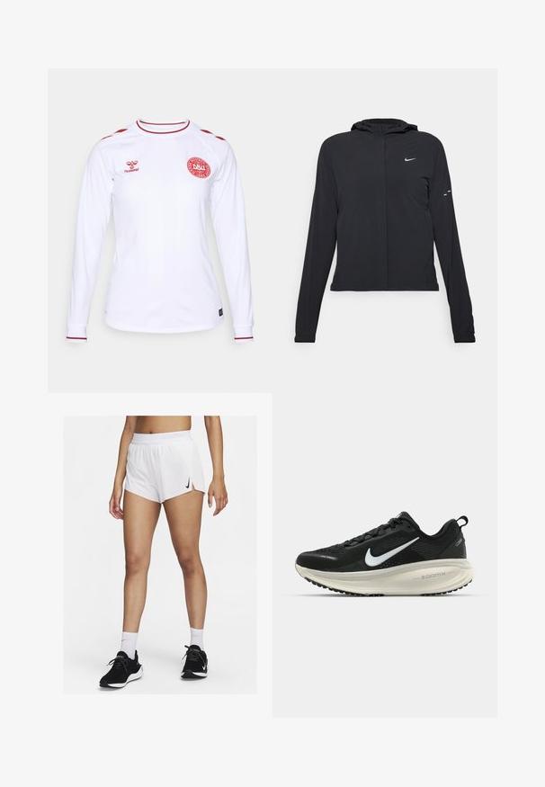 Svart hettegenser med lange ermer, laget av lett materiale. Har glidelås foran, Nike-logo og subtile design detaljer.; Hvitt langermet jersey laget av glatt stoff, med røde detaljer på skuldrene og kragen, og en sirkulær rød logo på brystet.; Hvite atletisk shorts med ribbet linning, sidespalter og en svart Nike-logo. Brukes med svarte joggesko og hvite ankelsokker.; Svart Nike løpesko med pustende mesh-overdel, hvit swoosh-logo, teksturert detaljer og en kremfarget ZoomX mellomsåle.