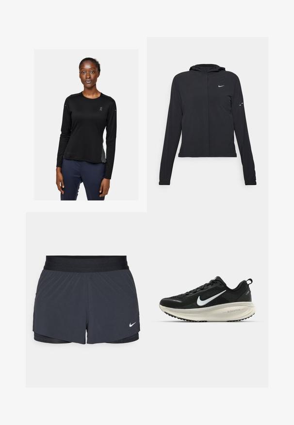 Čierna kapucňová bunda s dlhou rukávou, vyrobená z ľahkého materiálu. Má predný zips, logo Nike a jemné dizajnové akcenty.; Čierna športová košeľa s dlhými rukávmi vyrobená z materiálu označeného "DRYTEC™." Má okrúhly výstrih, hladkú textúru a logo na ľavej hrudi a rukáve.; Čierne športové šortky s elastickým pásom, ktoré majú vrstvený dizajn a malú bielu aplikáciu loga Nike v dolnom ľavom rohu. Ľahký materiál.; Čierne bežecké topánky Nike s priedušnou sieťovinou, bielym logom s symbolom swoosh, textúrovanými detailmi a krémovou ZoomX medzipodrážkou.