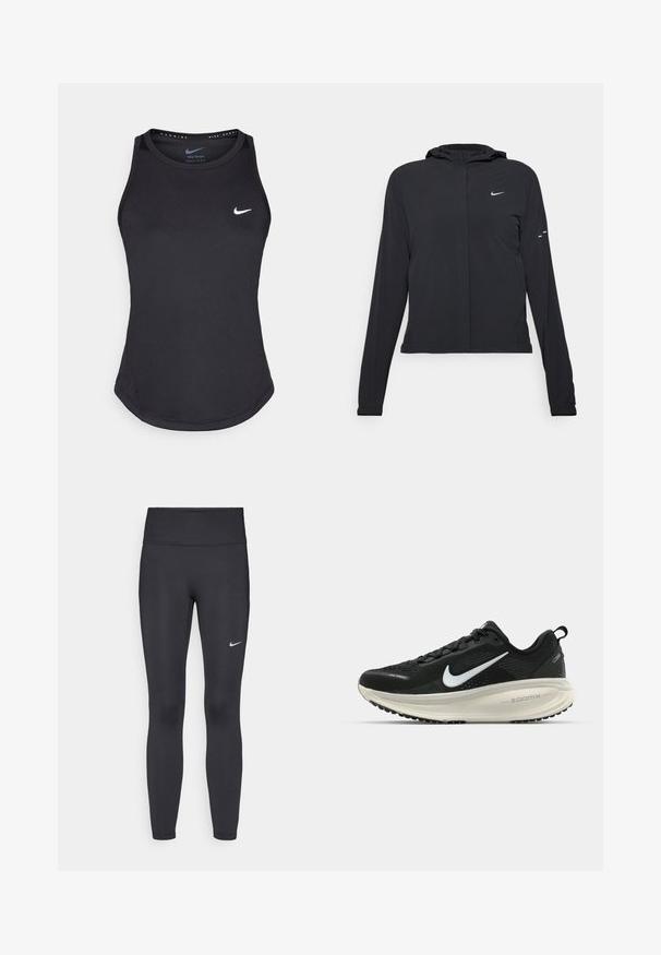Black hooded jacket with long sleeves, made from lightweight material. Features a front zipper, a Nike logo, and subtle design accents.; Black athletic tank top made from moisture-wicking material. Features a round neckline, slim fit, and white Nike logo on the chest.; Black leggings made of stretchy fabric, featuring a high waistband and a white Nike logo on the left thigh. Smooth texture, form-fitting design.; Black Nike running shoe with breathable mesh upper, white swoosh logo, textured detailing, and a cream-colored ZoomX midsole.