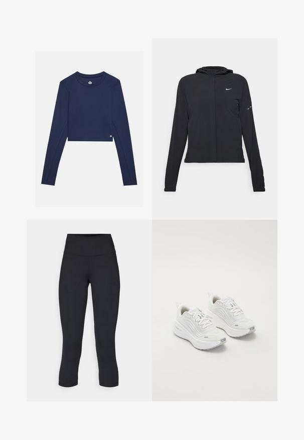 Black hooded jacket with long sleeves, made from lightweight material. Features a front zipper, a Nike logo, and subtle design accents.; Navy long-sleeve cropped top made of smooth fabric, featuring a crew neckline and a small logo on the lower right side.; Black cropped leggings made of stretchy fabric, featuring a high waistband and smooth texture, with no visible patterns or hardware.; White athletic shoes with a textured mesh upper, cushioned sole, and subtle grey accents. Includes branding and looped heel tab for easy wear.