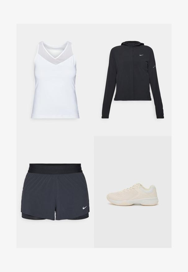 Fekete kapucnis dzseki hosszú ujjakkal, könnyű anyagból készült. Elülső cipzárral, Nike logóval és diszkrét dizájn elemekkel rendelkezik.; Fehér ujjatlan felső sima anyagból, V-kivágással, áttetsző hálós részletekkel a vállakon. Egyszerű és testhezálló kialakítás.; Fekete sportnadrág elasztikus derékkal, réteges kialakítással és kis fehér Nike logóval a bal alsó részen. Könnyű anyag.; Világos bézs színű sportcipő, texturált felsőrésszel, kontrasztos fehér részletekkel, kerek orral és rugalmas gumitalppal.