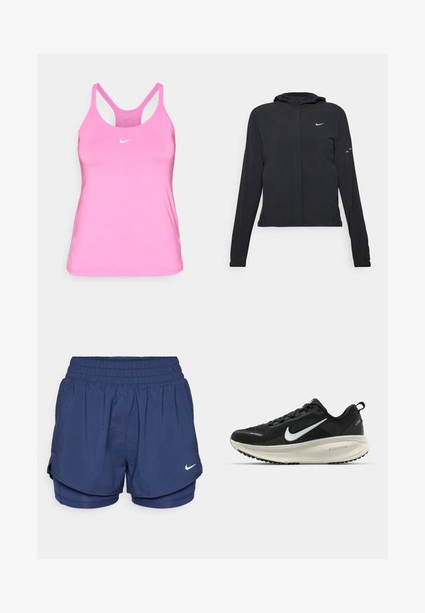 Giacca nera con cappuccio e maniche lunghe, realizzata in materiale leggero. Presenta una zip frontale, il logo Nike e accenti di design sottili.; Top sportivo Nike rosa con spalline sottili e piccolo logo Swoosh bianco sul davanti. Lo sfondo è bianco puro.; Pantaloni sportivi a due strati blu navy con vita elasticizzata e logo Nike swoosh bianco sul lato destro anteriore.; Scarpa da corsa nera Nike con tomaia in rete traspirante, logo Swoosh bianco, dettagli testurizzati e intersuola ZoomX di colore crema.