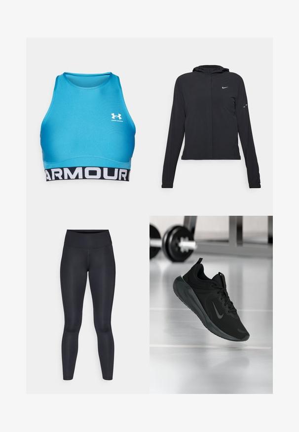 Casaco preto com capuz e mangas longas, feito de material leve. Apresenta um fecho dourado na frente, um logótipo da Nike e detalhes de design subtis.; Sutiã desportivo azul feito de tecido liso e elástico. Apresenta um logotipo branco no peito e uma faixa preta com texto branco na parte inferior.; Leggings pretas feitos de um tecido liso e elástico. Cintura alta sem padrões ou detalhes visíveis. Ajustam-se de forma justa da cintura até os tornozelos.; Sapatilha desportiva preta com o logotipo da Nike, mostrada em pleno ar sobre o chão do ginásio, com um suporte de halteres desfocado ao fundo.