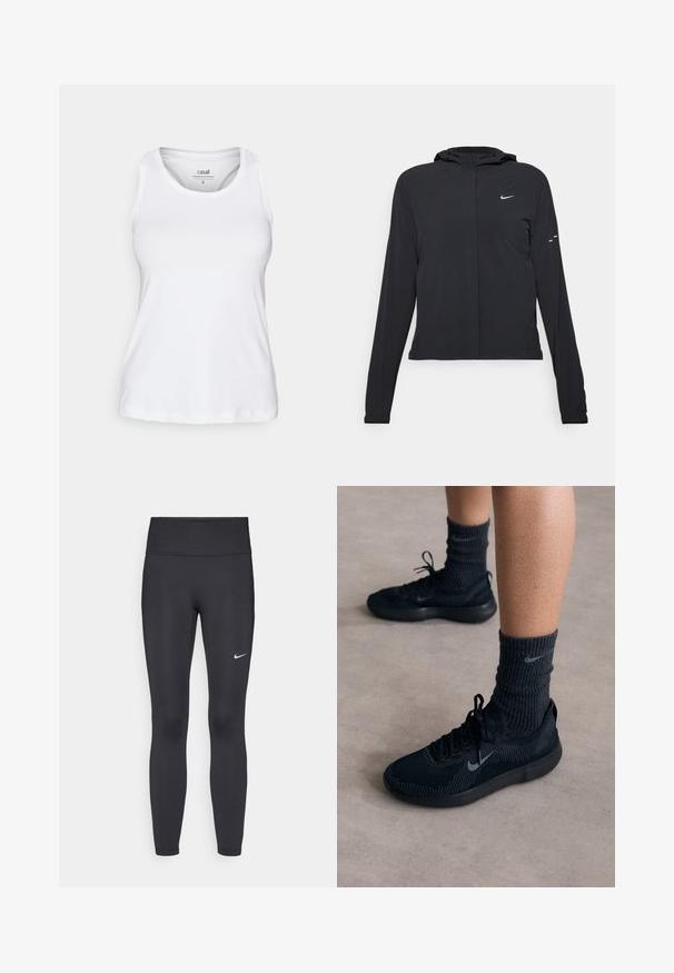 Zwarte kaptrui met lange mouwen, gemaakt van lichtgewicht materiaal. Voorzien van een ritssluiting aan de voorkant, een Nike-logo en subtiele ontwerpelementen.; Witte mouwloze tanktop gemaakt van lichtgewicht, gladde stof. Heeft een ronde halslijn en een losse pasvorm, ideaal voor sportkleding.; Zwarte legging van rekbare stof met een hoge tailleband en een wit Nike-logo op de linkerdij. Gladde textuur, aansluitend ontwerp.; Zwarte Nike-sneakers met een gestructureerde breisolen, voorzien van een grijze swoosh-logo, gedragen met donkere geribde sokken. Vlakke rubberen zool.