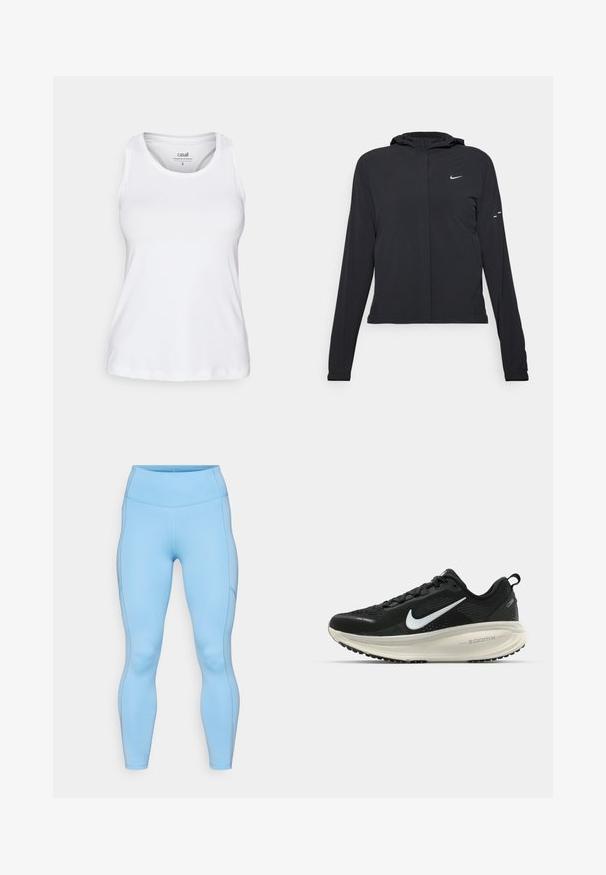 Black hooded jacket with long sleeves, made from lightweight material. Features a front zipper, a Nike logo, and subtle design accents.; White sleeveless tank top made from lightweight, smooth fabric. Features a round neckline and a relaxed fit, ideal for active wear.; Light blue leggings made of stretchy fabric. Features a high waistband, smooth texture, and curved seams along the legs.; Black Nike running shoe with breathable mesh upper, white swoosh logo, textured detailing, and a cream-colored ZoomX midsole.