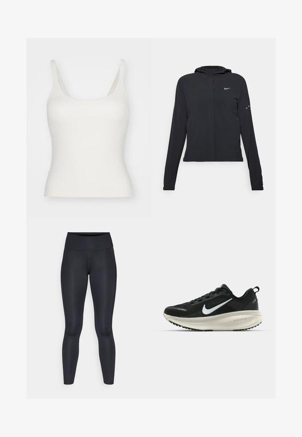 Čierna kapucňová bunda s dlhou rukávou, vyrobená z ľahkého materiálu. Má predný zips, logo Nike a jemné dizajnové akcenty.; Biely top s tenkými ramienkami, vyrobený z hladkého, elastického materiálu. Má okrúhly výstrih a priliehavý strih. Bez vzorov alebo doplnkov.; Čierne legíny vyrobené z hladkej, elastickej tkaniny. Vysoký pás bez viditeľných vzorov alebo akcentov. Úzke od pásu po členky.; Čierne bežecké topánky Nike s priedušnou sieťovinou, bielym logom s symbolom swoosh, textúrovanými detailmi a krémovou ZoomX medzipodrážkou.