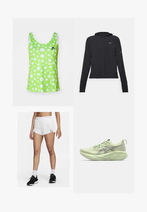 Casaco preto com capuz e mangas longas, feito de material leve. Apresenta um fecho dourado na frente, um logótipo da Nike e detalhes de design subtis.; Top verde com bolinhas brancas, apresentando um decote redondo e um pequeno logótipo preto. Feito de tecido liso e leve.; Calções atléticos brancos com cós canelado, fendas laterais e um logótipo preto da Nike. Usados com ténis pretos e meias brancas até ao meio da canela.; Sapato atlético verde claro com parte superior em malha, detalhes texturizados e uma sola espessa e angular para maior amortecimento e suporte.