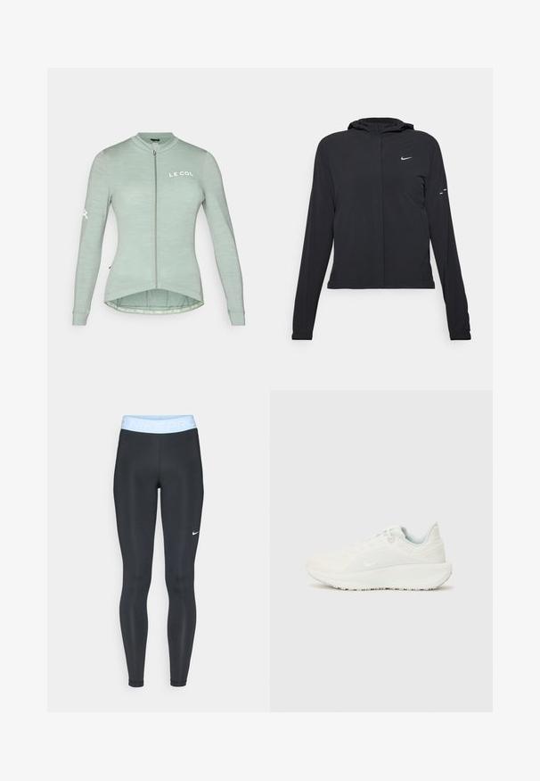 Svart hettegenser med lange ermer, laget av lett materiale. Har glidelås foran, Nike-logo og subtile design detaljer.; Lys grøn sykkeltrøye med lange ermer, hel glidelås og buet søm. Har "LE COL"-logo både på fronten og baksiden.; Sorte treningstights med en lyseblå midje som har "NIKE PRO"-tekst; glatt tekstur og tettsittende design. Hvit Nike-logo på venstre side.; Hvite sportsko med teksturert overdel, polstret krage og snøring. Har en buet såle og subtil merkevare på siden.