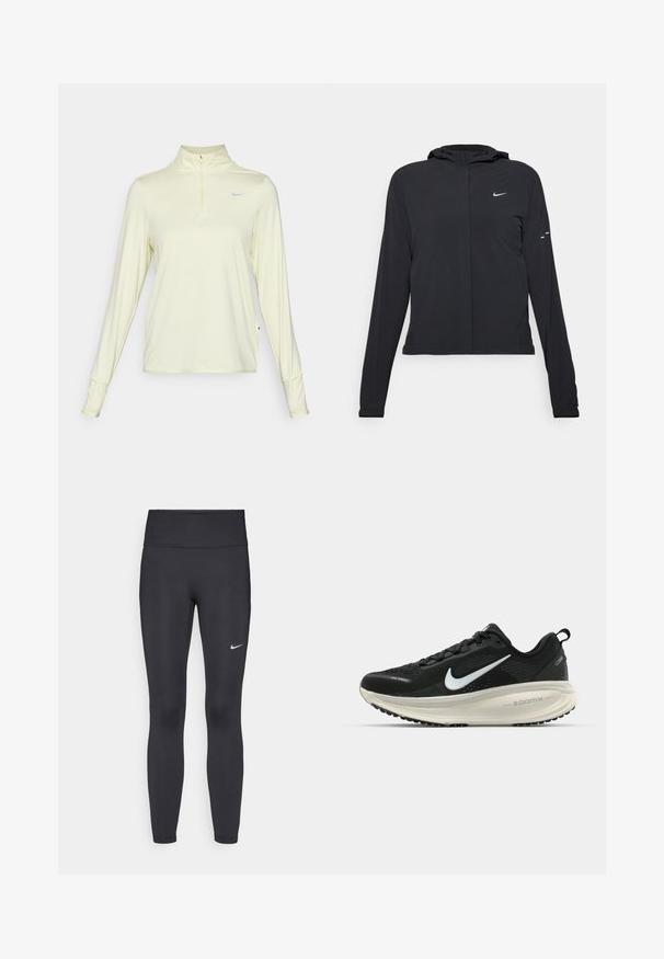 Schwarze Kapuzenjacke mit langen Ärmeln, aus leichtem Material gefertigt. Sie hat einen vorderen Reißverschluss, ein Nike-Logo und dezente Designelemente.; Nike Performance SWIFT - Langarmshirt - life lime/white/reflective silver; Schwarze Leggings aus elastischem Stoff, mit einem hohen Bund und einem weißen Nike-Logo auf dem linken Oberschenkel. Glatte Textur, figurbetontes Design.; Schwarzer Nike-Laufschuh mit atmungsaktivem Mesh-Obermaterial, weißem Swoosh-Logo, strukturierten Details und einer cremefarbenen ZoomX-Zwischensohle.