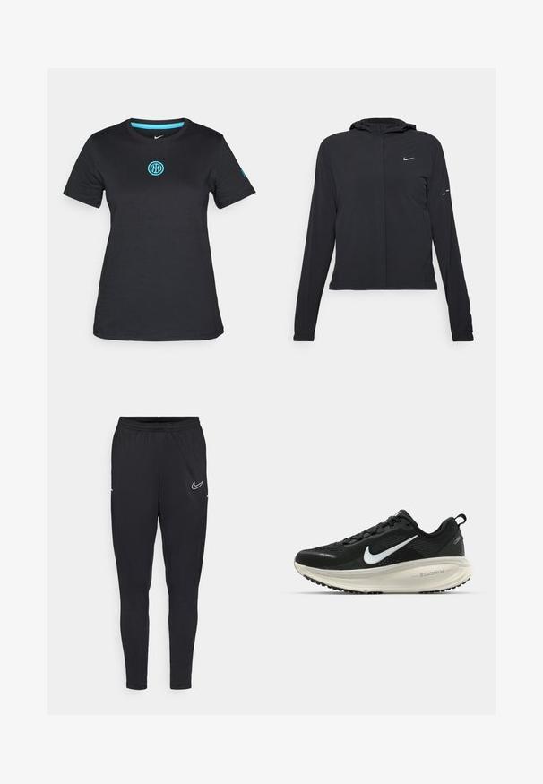 Black hooded jacket with long sleeves, made from lightweight material. Features a front zipper, a Nike logo, and subtle design accents.; Black short-sleeve t-shirt made of soft material, featuring a round neckline and a light blue embroidered logo on the chest.; Black athletic pants made of lightweight fabric, featuring an elastic waistband, fitted design, and a white Nike logo on the thigh.; Black Nike running shoe with breathable mesh upper, white swoosh logo, textured detailing, and a cream-colored ZoomX midsole.