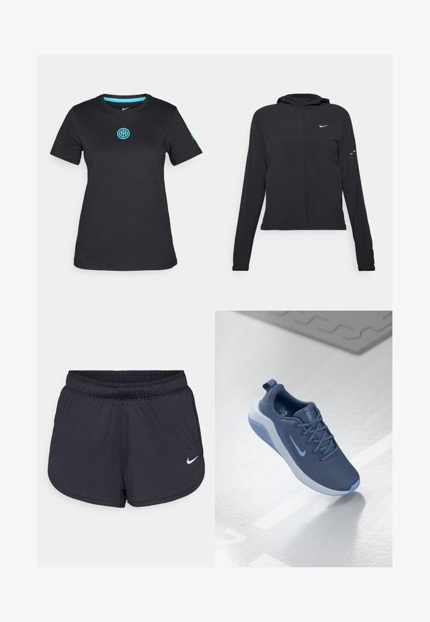 Črna kapuča s dolgimi rokavi, izdelana iz lahkega materiala. Ima sprednji zadrgo, logotip Nike in subtilne oblikovne detajle.; Črna kratka majica s kratkimi rokavi, izdelana iz mehkega materiala, z okroglim izrezom in svetlo modrim vezenim logotipom na prsih.; Črne športne hlače iz lahkega, zračnega materiala. Imajo elastični pas in belo Nike logotip na spodnji desni strani.; Temno modra atletska čevlja z strukturiranim mrežastim zgornjim delom, vezalkami in svetlo modrimi poudarki. Ima blažen podplat in zanko na peti za enostavno obuvanje.