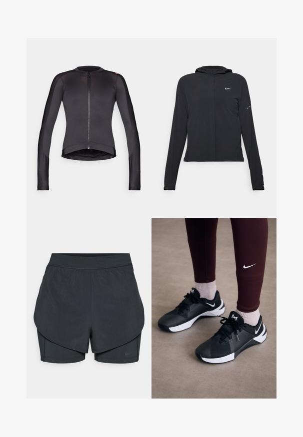 Fekete kapucnis dzseki hosszú ujjakkal, könnyű anyagból készült. Elülső cipzárral, Nike logóval és diszkrét dizájn elemekkel rendelkezik.; Hosszú ujjú fekete kerékpáros dzseki elülső cipzárral, sima, könnyű anyagból készült; lekerekített gallérral és testhez álló fazonnal rendelkezik.; Fekete sportnadrág réteges kialakítással, sima külső résszel és illeszkedő belső nadrággal. Könnyű, rugalmas anyagból készült.; Fekete sportcipők texturált felsőrésszel és fehér akcentussal, fűzőkkel és oldalsó logóval. Bordó leggingsszel és világos zoknival viselve.