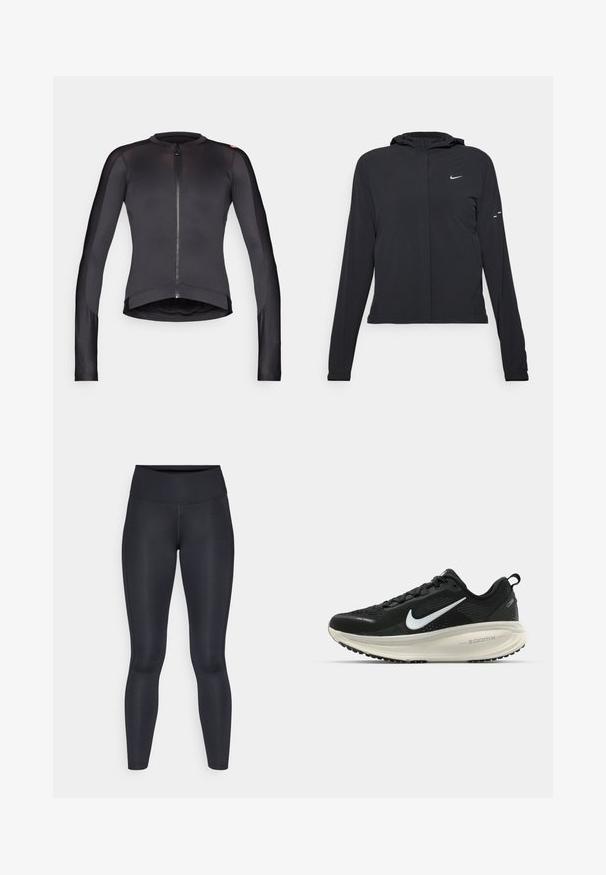 Czarna kurtka z kapturem, z długimi rękawami, wykonana z lekkiego materiału. Posiada zamek błyskawiczny z przodu, logo Nike oraz subtelne akcenty wzornicze.; Czarna kurtka rowerowa z długim rękawem i zamkiem błyskawicznym z przodu, wykonana z gładkiego, lekkiego materiału; ma zaokrąglony kołnierz i dopasowany krój.; Czarne legginsy wykonane z gładkiego, elastycznego materiału. Wysoki stan bez widocznych wzorów czy akcentów. Dobrze przylegają od pasa do kostek.; Czarna biegowa półbut z oddychającej siateczki, białym logo swoosh, teksturowanymi detalami oraz kremową podeszwą środkową ZoomX.