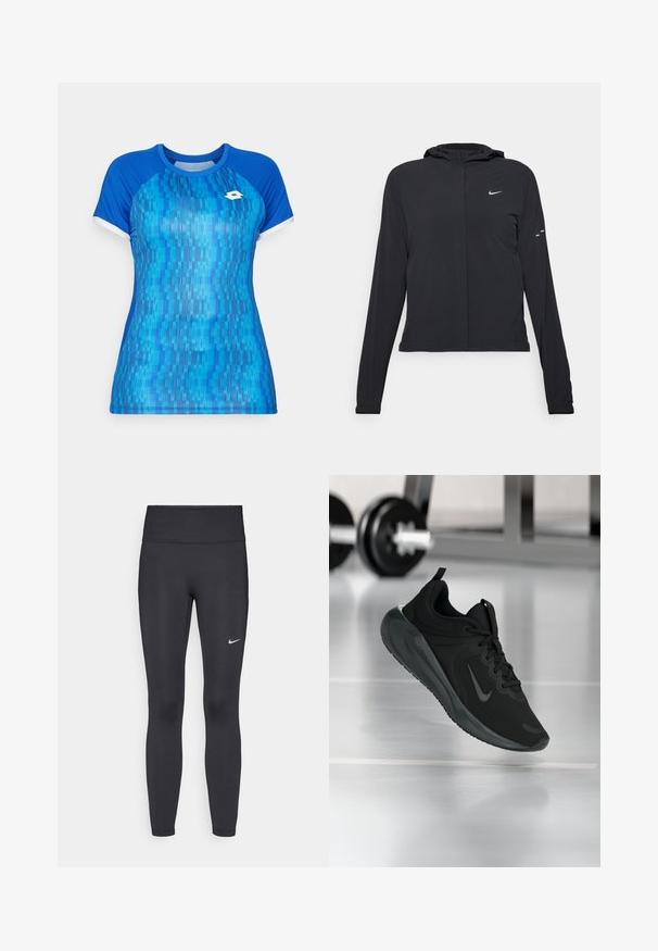 Czarna kurtka z kapturem, z długimi rękawami, wykonana z lekkiego materiału. Posiada zamek błyskawiczny z przodu, logo Nike oraz subtelne akcenty wzornicze.; Niebieska koszulka sportowa z krótkimi rękawami, z teksturowanym, abstrakcyjnym wzorem w różnych odcieniach niebieskiego i białymi akcentami na rękawach.; Czarne legginsy z elastycznego materiału, z wysokim pasem i białym logo Nike na lewym udzie. Gładka tekstura, dopasowany krój.; Czarny sportowy sneaker z logo Nike, pokazany w powietrzu na podłodze siłowni, z rozmytym regałem z hantlami w tle.